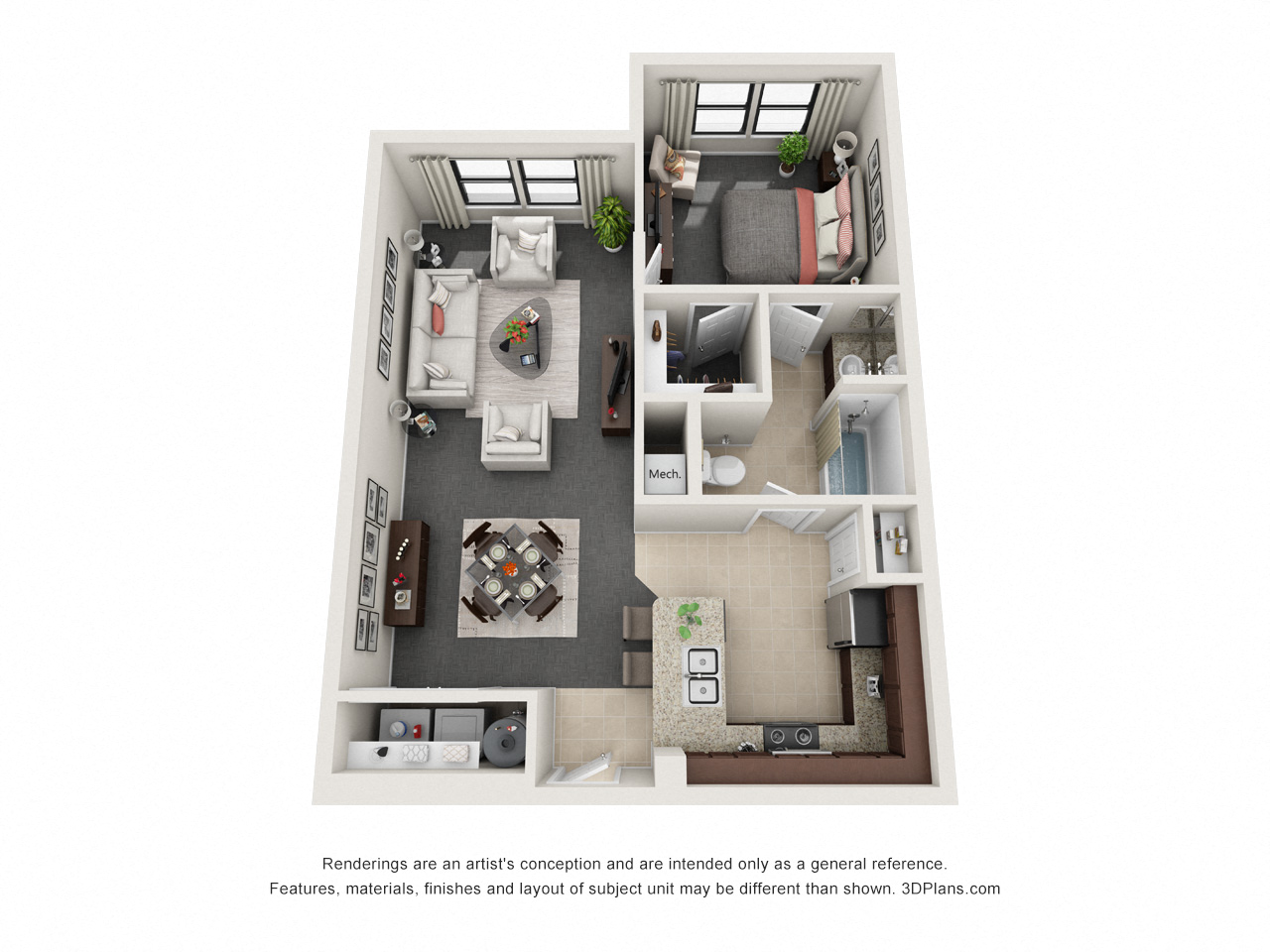 Floor plan for 1 bed, 1 bath, 706 sqft